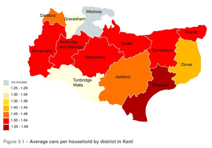 Average cars per household per district in Kent